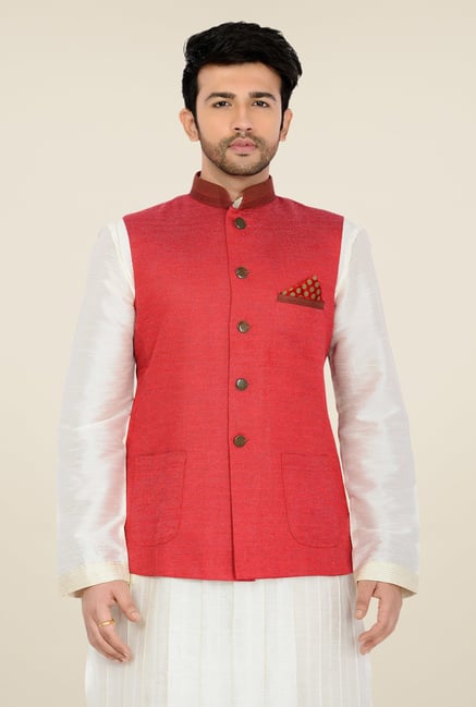 Manyavar Peach Textured Nehru Jacket Manyavar Peach Textured Nehru Jacket