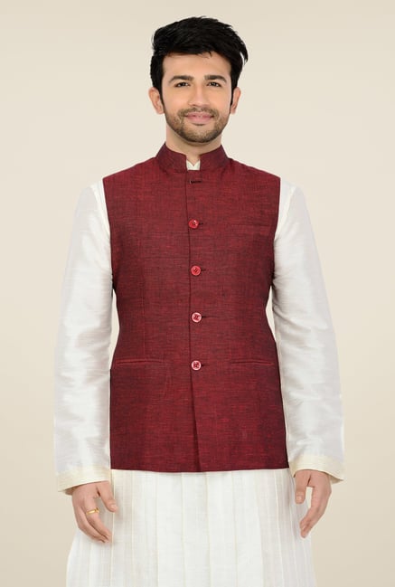 Manyavar Maroon Textured Nehru Sleeveless Jacket Manyavar Maroon Textured Nehru Sleeveless Jacket