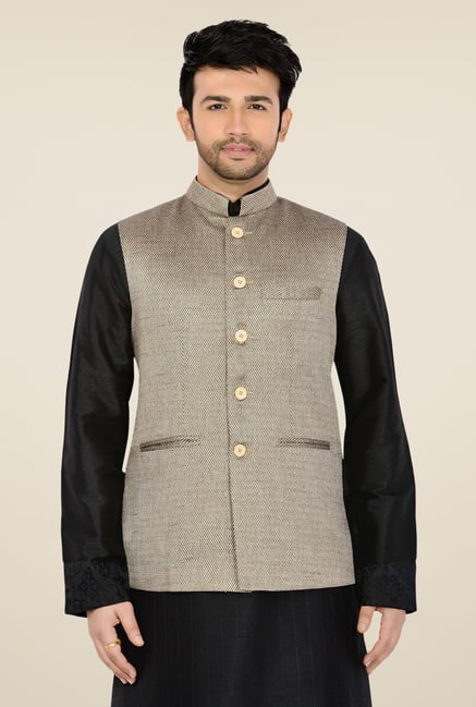 Manyavar Grey Textured Nehru Jacket Manyavar Grey Textured Nehru Jacket