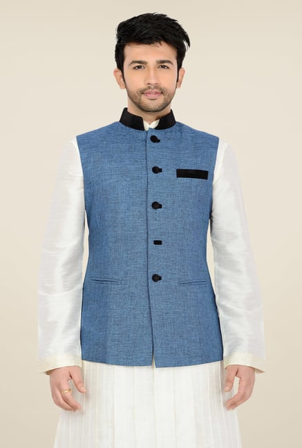 Manyavar Blue Textured Nehru Sleeveless Jacket Manyavar Blue Textured Nehru Sleeveless Jacket