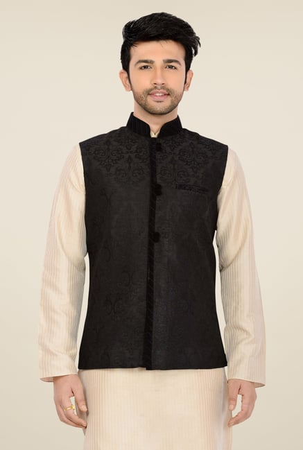 Manyavar Black Self Print Nehru Jacket Manyavar Black Self Print Nehru Jacket