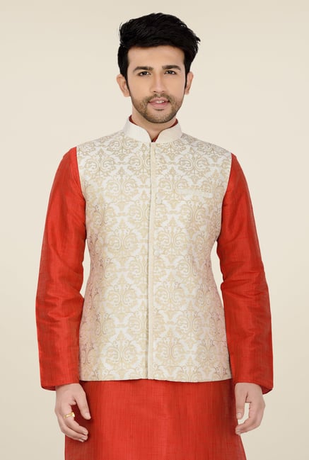 Manyavar Off White Self Print Nehru Jacket Manyavar Off White Self Print Nehru Jacket