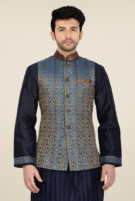 Manyavar Blue Self Print Nehru Jacket Manyavar Blue Self Print Nehru Jacket
