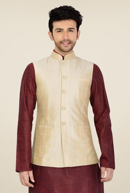 Manyavar Beige Textured Nehru Jacket Manyavar Beige Textured Nehru Jacket