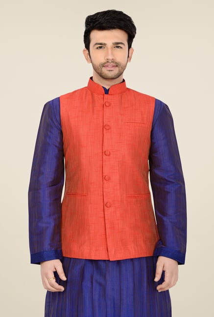 Manyavar Orange Textured Nehru Sleeveless Jacket Manyavar Orange Textured Nehru Sleeveless Jacket