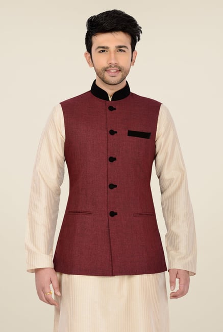 Manyavar Maroon Textured Nehru Jacket Manyavar Maroon Textured Nehru Jacket