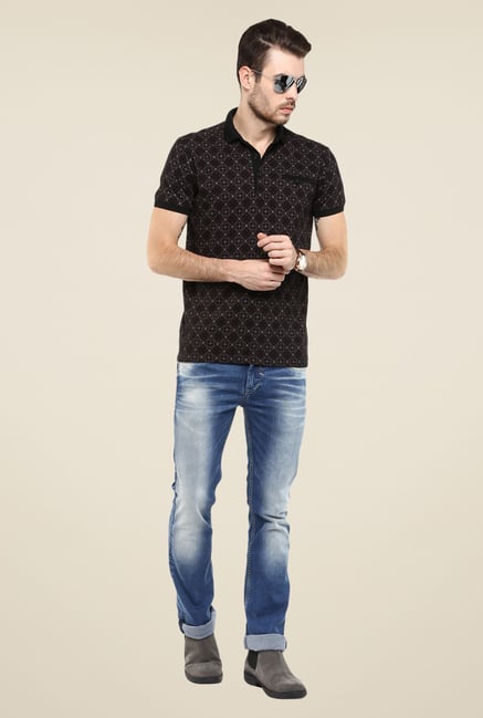 Mufti Black Geometric Print Polo T Shirt Mufti Black Geometric Print Polo T Shirt