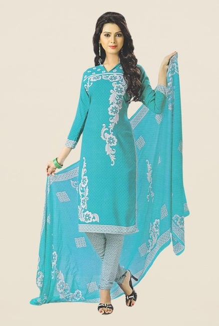 Salwar Studio Turquoise & Grey Printed Dress Material Salwar Studio Turquoise & Grey Printed Dress Material