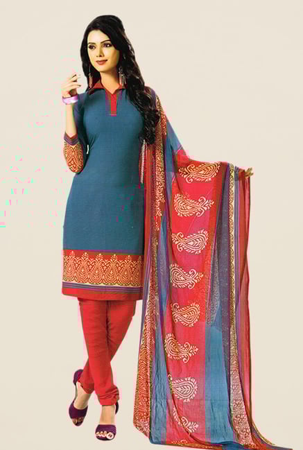Salwar Studio Blue & Red Printed Dress Material Salwar Studio Blue & Red Printed Dress Material