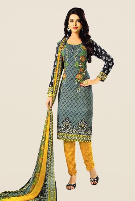 Salwar Studio Grey & Mustard Printed Dress Material Salwar Studio Grey & Mustard Printed Dress Material
