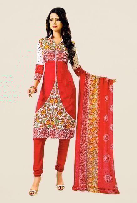 Salwar Studio Red & Off White Printed Dress Material Salwar Studio Red & Off White Printed Dress Material
