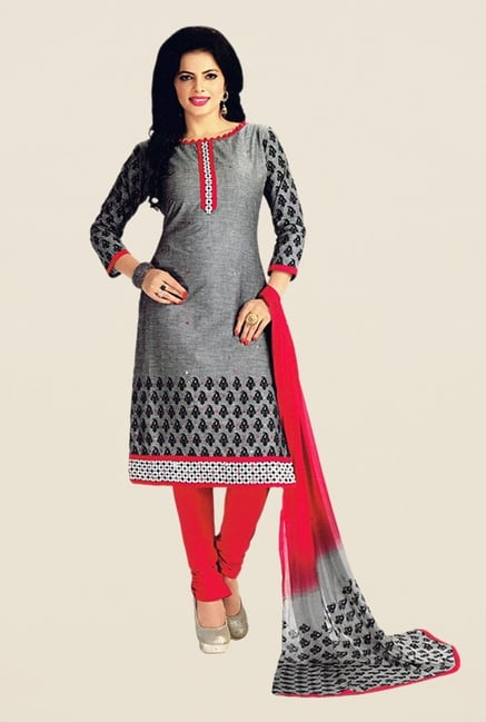 Salwar Studio Grey & Red Embroidered Dress Material Salwar Studio Grey & Red Embroidered Dress Material