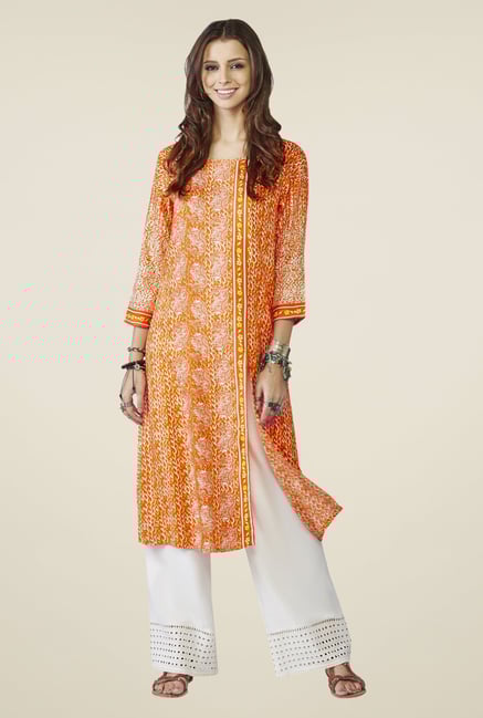 Global Desi Orange Printed Kurta Global Desi Orange Printed Kurta