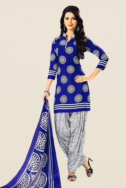 Salwar Studio Dark Blue & Off White Printed Dress Material Salwar Studio Dark Blue & Off White Printed Dress Material