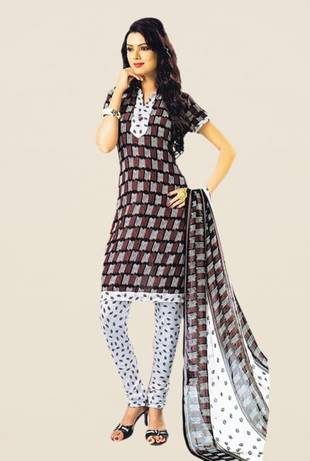 Salwar Studio Brown & White Printed Dress Material Salwar Studio Brown & White Printed Dress Material