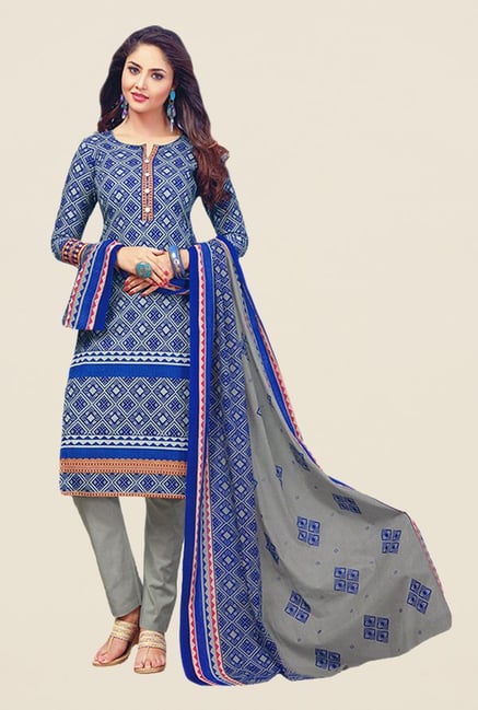 Salwar Studio Grey & Blue Printed Dress Material Salwar Studio Grey & Blue Printed Dress Material