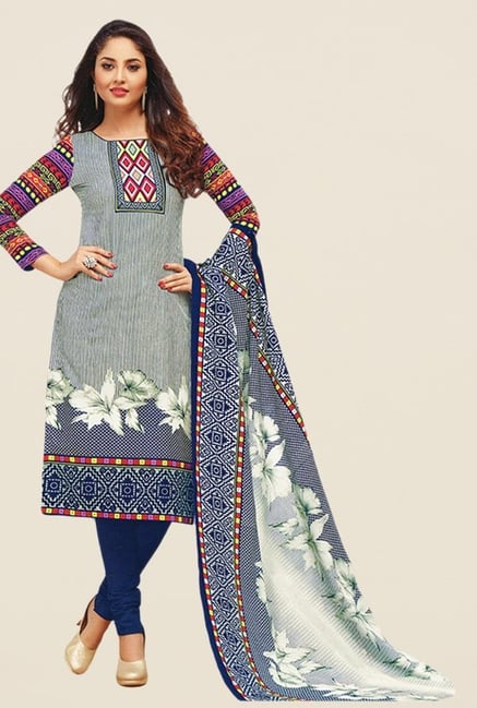Salwar Studio Grey & Navy Printed Dress Material Salwar Studio Grey & Navy Printed Dress Material