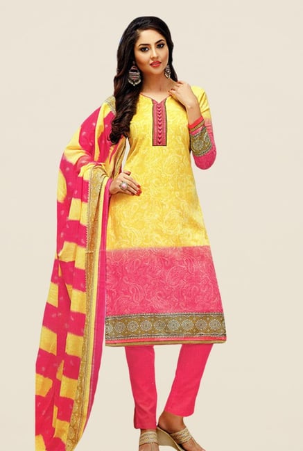 Salwar Studio Yellow & Pink Printed Dress Material Salwar Studio Yellow & Pink Printed Dress Material