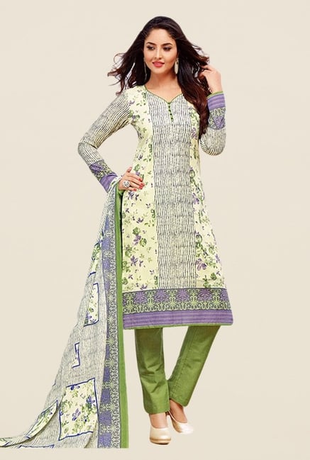 Salwar Studio Cream & Olive Floral Print Dress Material Salwar Studio Cream & Olive Floral Print Dress Material