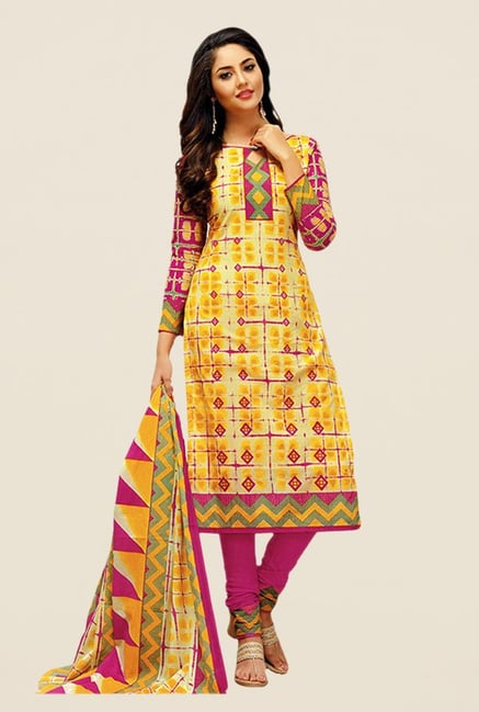Salwar Studio Yellow & Pink Printed Dress Material Salwar Studio Yellow & Pink Printed Dress Material