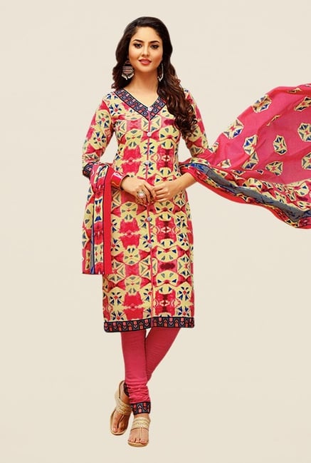Salwar Studio Pink & Beige Printed Dress Material Salwar Studio Pink & Beige Printed Dress Material