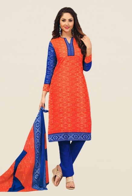 Salwar Studio Orange & Blue Printed Dress Material Salwar Studio Orange & Blue Printed Dress Material
