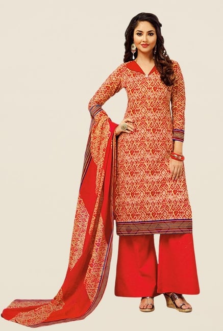 Salwar Studio Red & Beige Printed Dress Material Salwar Studio Red & Beige Printed Dress Material