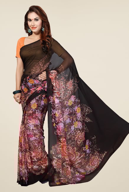 Ishin Black Faux Georgette Floral Print Saree Ishin Black Faux Georgette Floral Print Saree