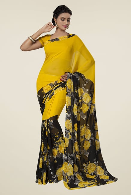 Ishin Yellow & Black Faux Georgette Floral Print Saree Ishin Yellow & Black Faux Georgette Floral Print Saree