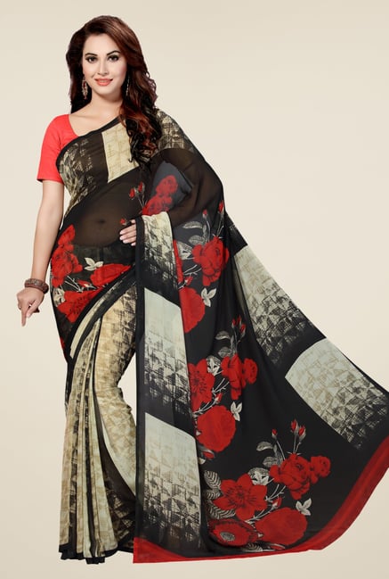 Ishin Black & Beige Faux Georgette Floral Print Saree Ishin Black & Beige Faux Georgette Floral Print Saree
