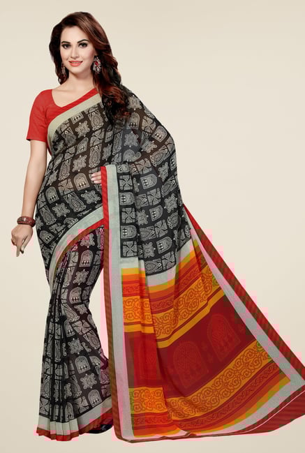 Ishin Black & Red Faux Georgette Printed Saree Ishin Black & Red Faux Georgette Printed Saree