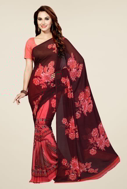 Ishin Peach & Brown Faux Georgette Floral Print Saree Ishin Peach & Brown Faux Georgette Floral Print Saree