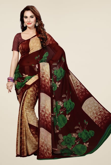 Ishin Beige & Brown Faux Georgette Floral Print Saree Ishin Beige & Brown Faux Georgette Floral Print Saree