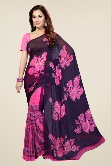 Ishin Pink & Navy Faux Georgette Floral Print Saree Ishin Pink & Navy Faux Georgette Floral Print Saree