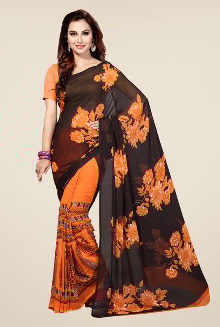 Ishin Orange & Black Faux Georgette Floral Print Saree Ishin Orange & Black Faux Georgette Floral Print Saree