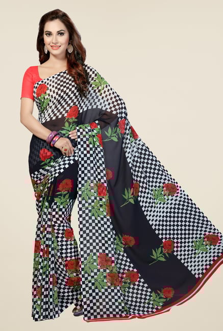 Ishin Black & White Faux Georgette Floral Print Saree Ishin Black & White Faux Georgette Floral Print Saree