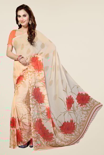 Ishin Beige Faux Georgette Floral Print Saree Ishin Beige Faux Georgette Floral Print Saree