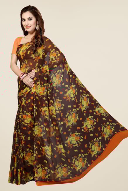Ishin Brown Faux Georgette Floral Print Saree Ishin Brown Faux Georgette Floral Print Saree