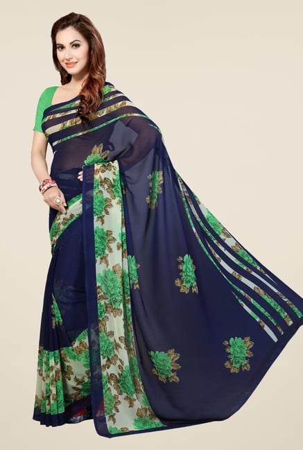 Ishin Navy Faux Georgette Floral Print Saree Ishin Navy Faux Georgette Floral Print Saree