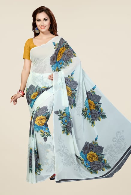 Ishin Off White Faux Georgette Floral Print Saree Ishin Off White Faux Georgette Floral Print Saree