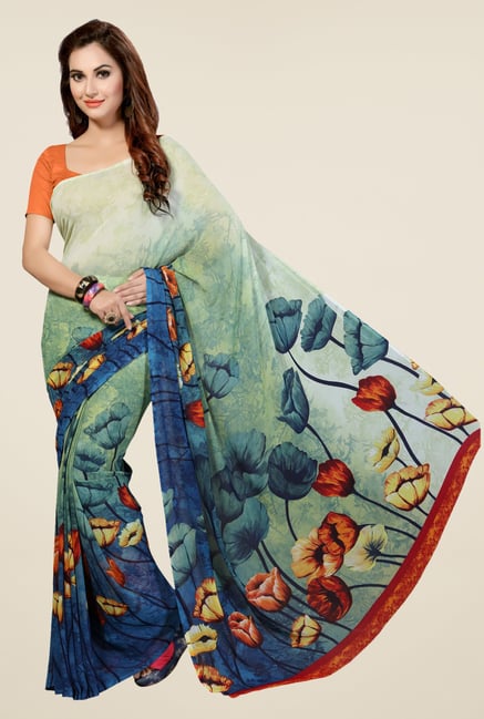 Ishin Blue & Beige Faux Georgette Floral Print Saree Ishin Blue & Beige Faux Georgette Floral Print Saree