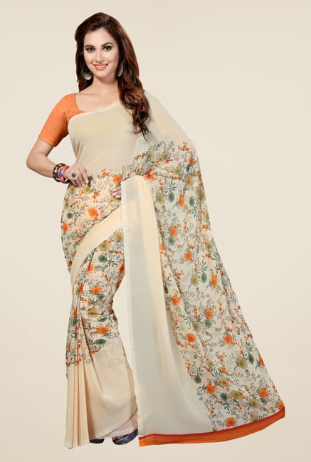 Ishin Beige Faux Georgette Floral Print Saree Ishin Beige Faux Georgette Floral Print Saree