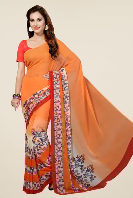 Ishin Orange Faux Georgette Floral Print Saree Ishin Orange Faux Georgette Floral Print Saree
