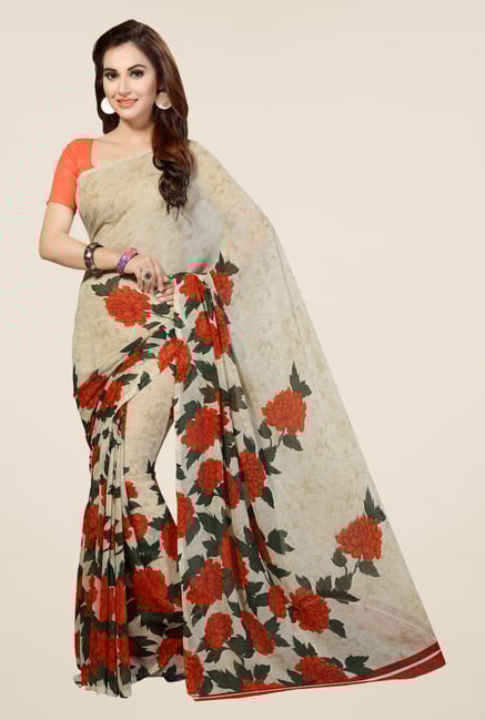 Ishin Beige Faux Georgette Floral Print Saree Ishin Beige Faux Georgette Floral Print Saree