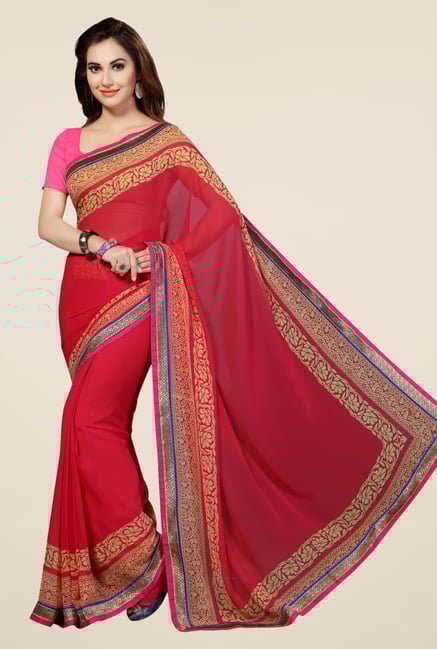Ishin Red Faux Georgette Printed Saree Ishin Red Faux Georgette Printed Saree