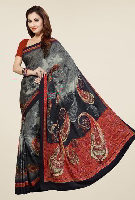 Ishin Grey & Black Faux Georgette Printed Saree Ishin Grey & Black Faux Georgette Printed Saree