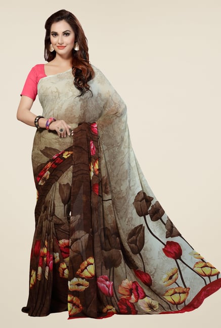 Ishin Beige & Brown Faux Georgette Floral Print Saree Ishin Beige & Brown Faux Georgette Floral Print Saree