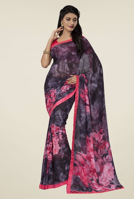 Ishin Purple & Pink Faux Georgette Floral Print Saree Ishin Purple & Pink Faux Georgette Floral Print Saree