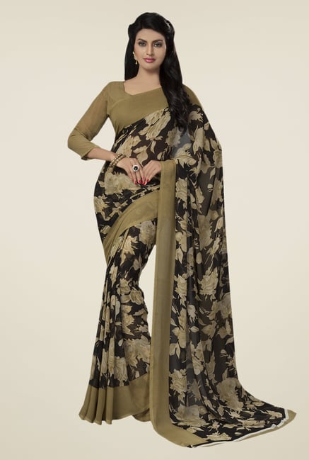 Ishin Beige & Black Faux Georgette Floral Saree Ishin Beige & Black Faux Georgette Floral Saree