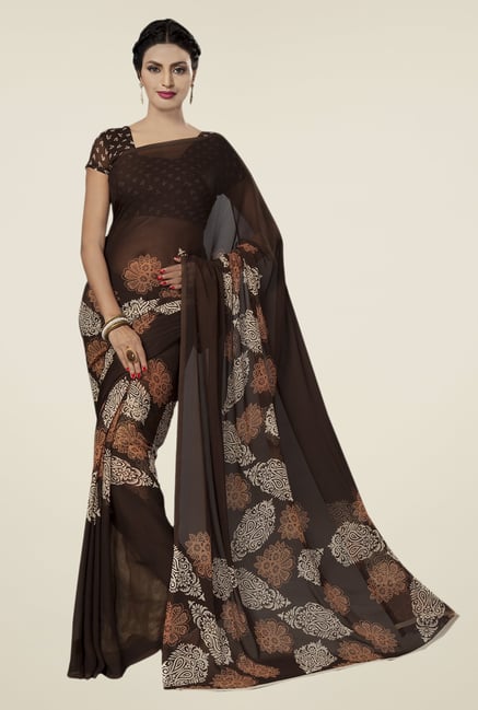 Ishin Brown Faux Georgette Printed Saree Ishin Brown Faux Georgette Printed Saree